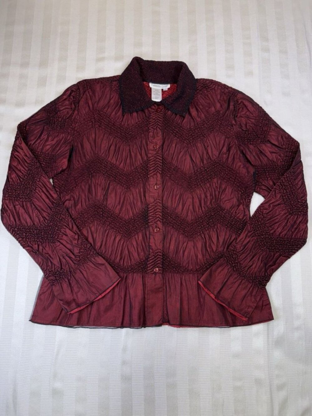 Coldwater Creek Red Crinkle Button-Up Top Lightweight Textured Chevron Medium - Picture 10 of 15
